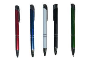 Ballpoint Pens in Red, Blue, White, Black, and Green.