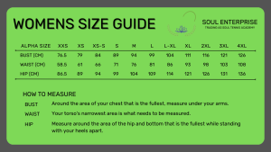 Size chart guide for women